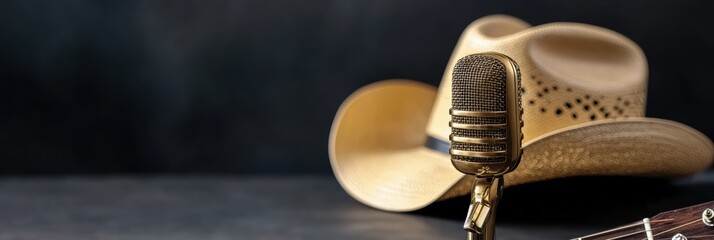 country music awards ad, a chic web banner with golden cowboy hats, vintage mics, and guitars on a black backdrop exudes prestige for the country music awards