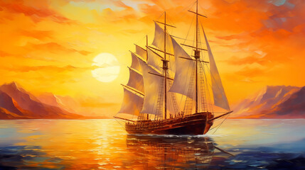 Sailing into a vibrant sunset on tranquil waters with majestic mountains in the background