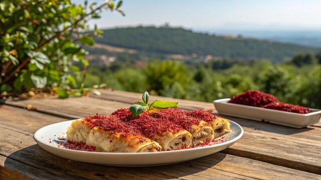 Deliciously presented b rek garnished with tangy sumac in a scenic outdoor setting