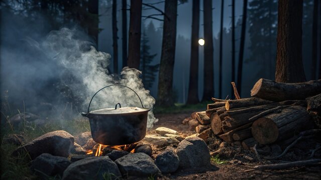 Cooking bigus over a smoky campfire with an inviting pot steaming under the twilight sky in a serene forest setting
