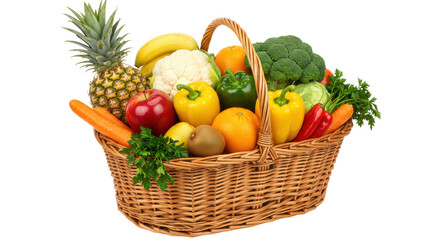 Isolated Basket with Many Fruits and Vegetables