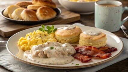 Savory biscuits and gravy served with fluffy eggs and crispy bacon for a delightful breakfast experience