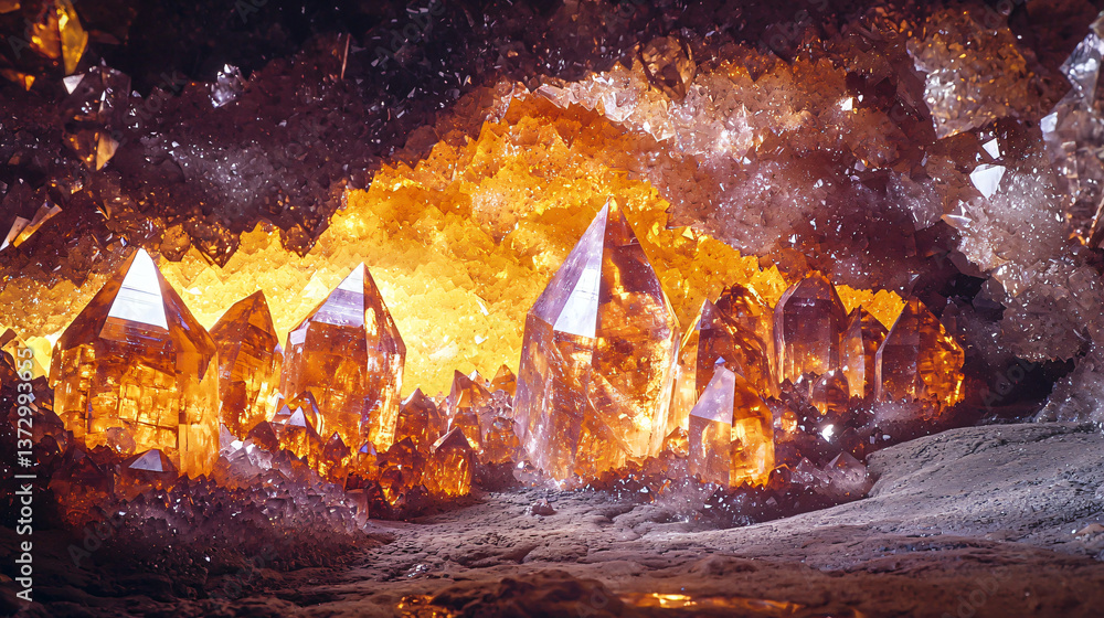 Poster a breathtaking cave filled with an abundance of crystals reflecting light creating a magical atmosph