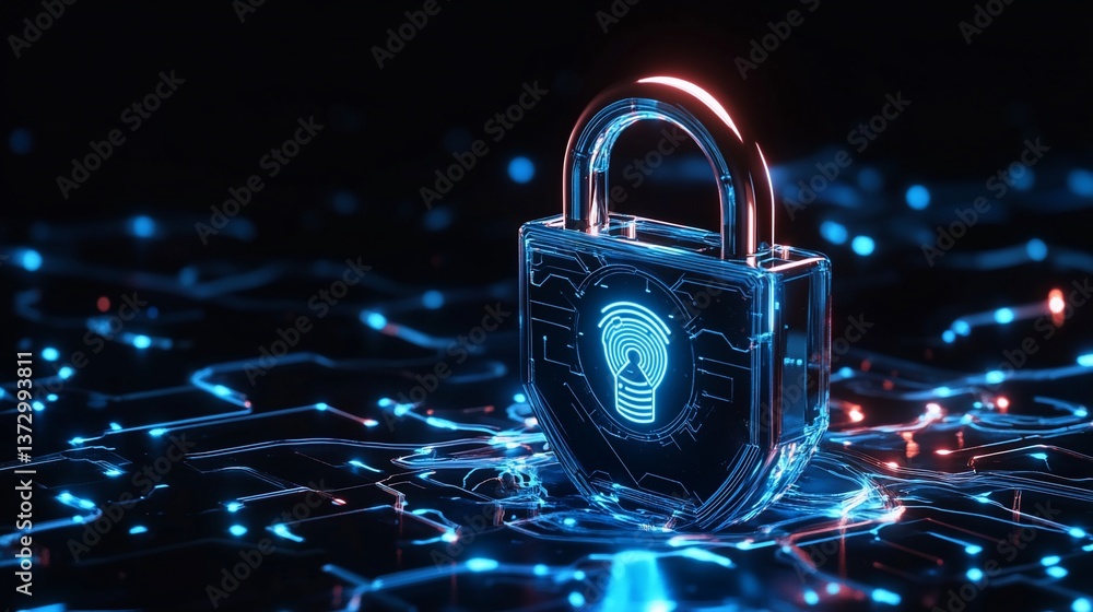 Poster futuristic security padlock with fingerprint scan technology for data safety