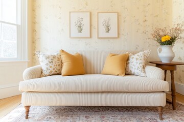 Cozy Vintage-Inspired Living Room with Yellow Floral Accents and Natural Light