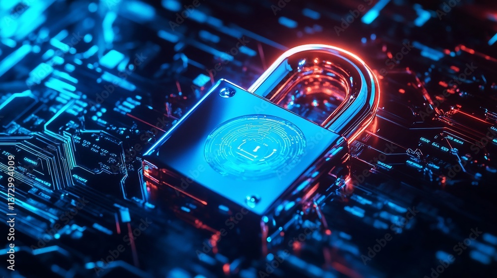 Aufkleber digital fortress: cybersecurity concept with padlock and circuit board rendering