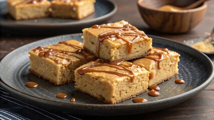 Indulgent blondies drizzled with creamy caramel sauce set on rustic wooden table