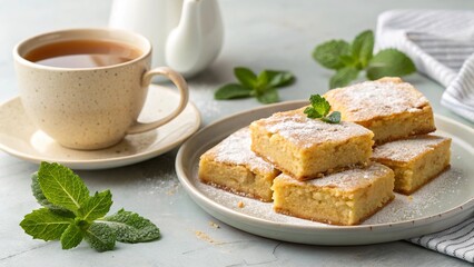 Delicious blondies sprinkled with powdered sugar on a serene table inviting a moment of sweet indulgence with tea