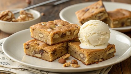 Delight in every bite of freshly baked blondies topped with creamy vanilla ice cream and sprinkled with chopped nuts