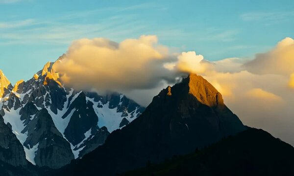 A majestic mountain range with wispy clouds in the sky