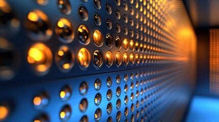 Futuristic metal panel wall with glowing orbs