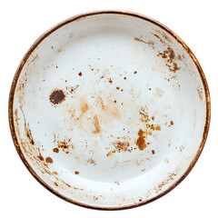 Dirty used plate with food stains, isolated on white transparent background 