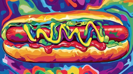 Hot dog with mustard and ketchup in a bun against