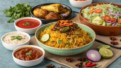 Mauritian biryani spread beautifully arranged with vibrant side dishes and sauces set on a colorful dining table