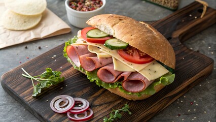 Delicious black forest ham sandwich garnished with fresh vegetables on a rustic wooden board