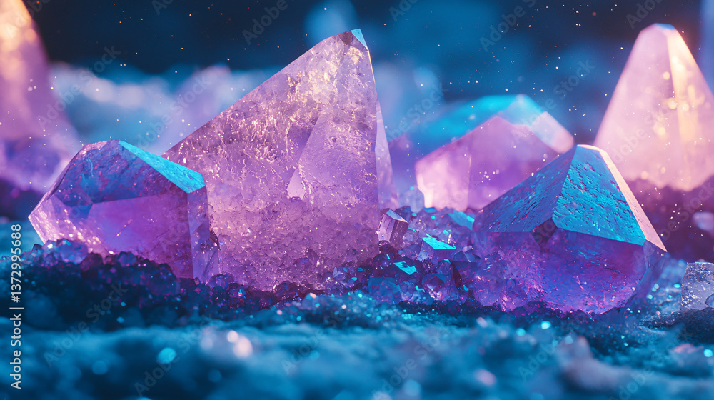 Poster A beautiful arrangement of crystals displaying various shapes and colors in a soft ambient light creating a serene and relaxing environment.