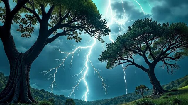 Epic lightning storm illuminates a lush green forest landscape at night