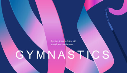 Colorful curve ribbon, pink abstract rhythmic gymnastics banner, abstraction with swirling wave and text. Vector design template flyer, poster