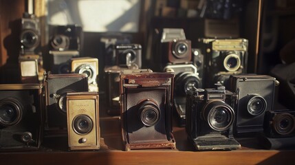 A collection of vintage cameras are displayed on a shelf