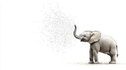  A young elephant spritzes water through its trunk while posing before the lens on a clean backdrop