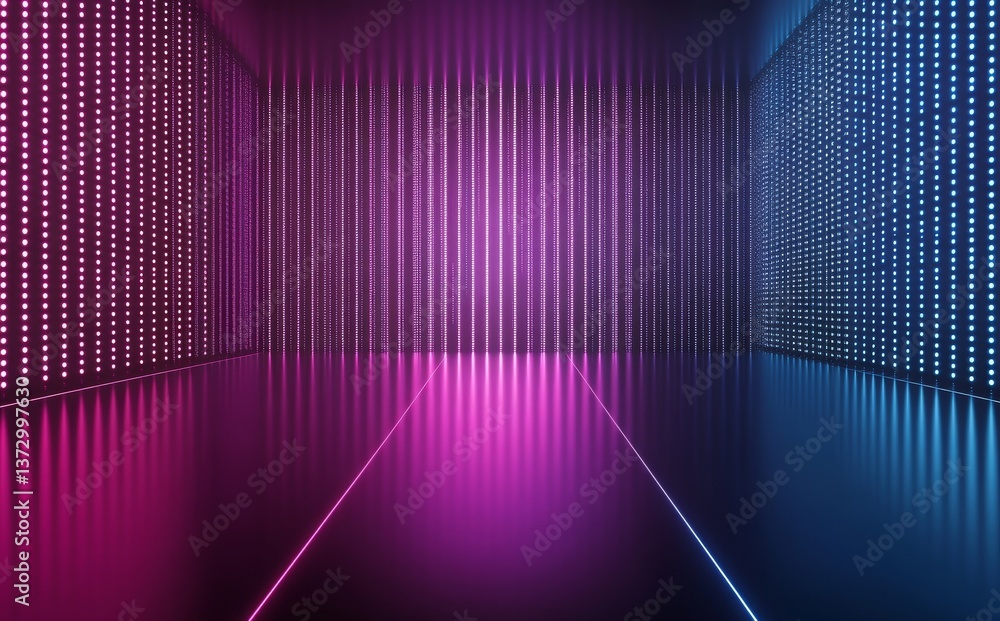 Poster the image is a 3d render of an abstract background filled with glowing dots and screen pixels, remin