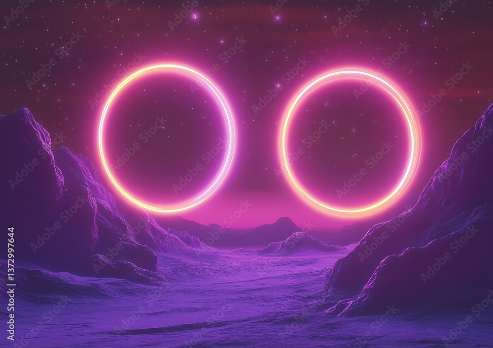 Poster a 3d rendering featuring an abstract cosmic landscape with a round portal, illuminated by pink and b