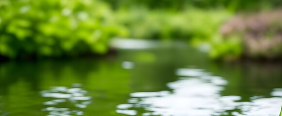 Fototapeta premium Serene summer's day reflecting in a tranquil pond, lush green foliage softly blurred in the background, capturing a peaceful moment.