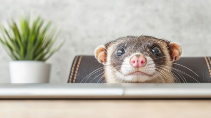 A curious ferret peeks over a desk, set against a light background, with a small plant nearby, capturing a playful and whimsical moment.