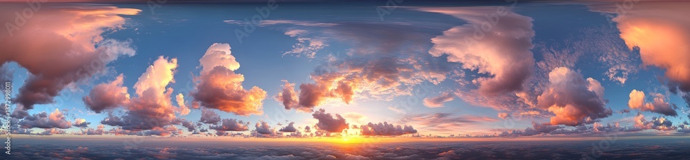 Poster a 360-degree aerial drone panorama of the sky at sunset with stratocumulus clouds, provided in seaml