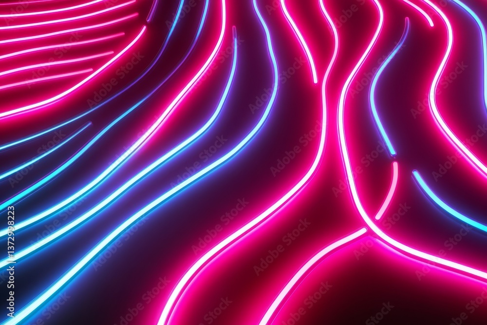 Poster a 3d rendering features an abstract background of pink and blue neon hues with a wavy line that glow