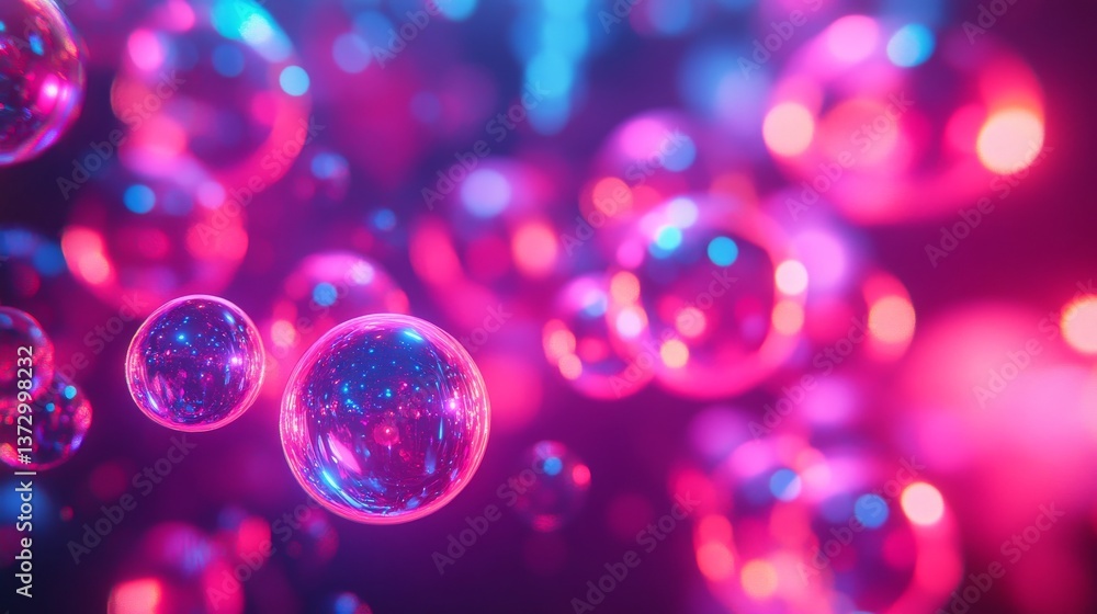 Poster a 3d rendering features an abstract neon background accompanied by glass balls and laser rays, illum