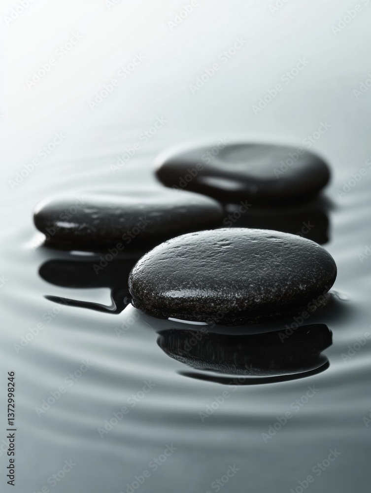 Fototapete Close-up view of smooth black river stones resting on a wet surface with soft lighting and deep contrast in a minimalist setting
