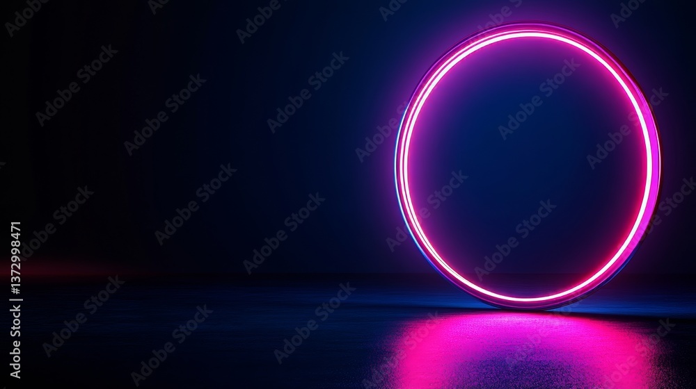 Poster a 3d rendering features an abstract neon background with a fluorescent ring and a blank round frame,