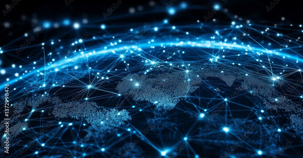 Poster the metaverse technology network represents a global virtual internet world connection at night, set