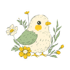 Easter Chick Floral Rustic Cute Bird Floral Vector Greeting Sketch Animal Element Elegant Festive Card