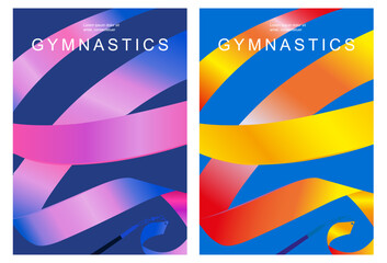 Bright colorful set of rhythmic gymnastics posters depicting a composition with a gradient ribbon close up. Vector concept sport design
