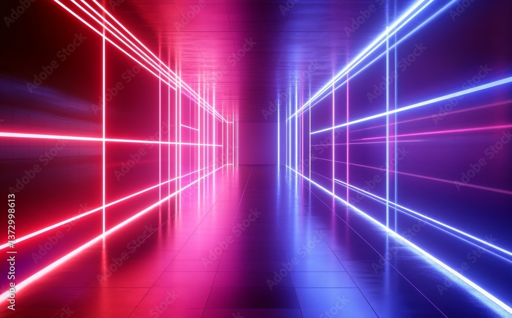 Aufkleber a virtual space with 3d render, pink blue neon lines, and geometric shapes is illuminated by ultravi