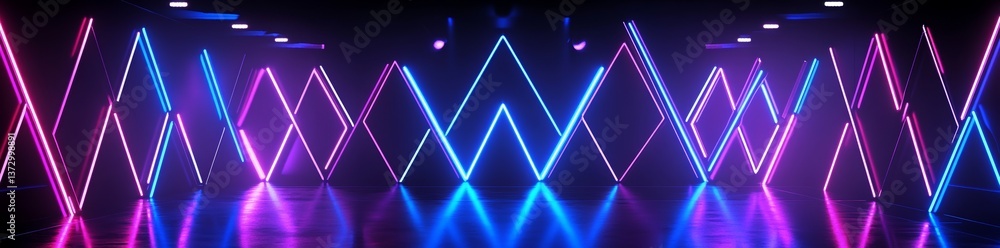 Poster a 3d rendering features an abstract panoramic background illuminated by neon lights, glowing lines, 