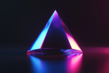 A 3D rendering featuring a triangular frame with a blue and pink neon color scheme, set against an abstract ultraviolet-lit backdrop reminiscent of an 80's retro fashion show stage