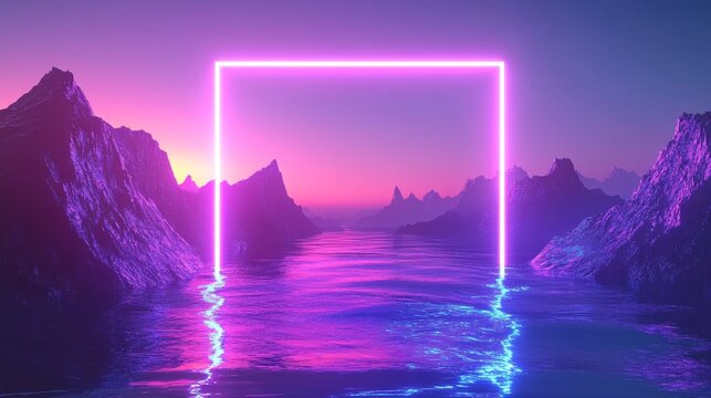 A 3D rendering depicts an abstract, futuristic wallpaper featuring a sunset or sunrise alongside a glowing neon rectangular portal, set amidst a mystical landscape of rocks with a reflection in the