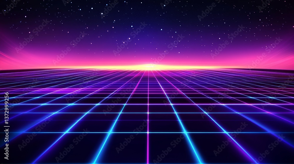 Poster a 3d rendering featuring an abstract neon background set within a virtual reality space, characteriz