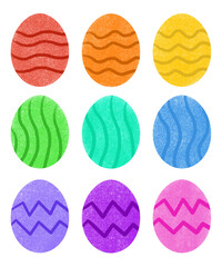 A painted set of nine flat multicolored Easter eggs. Imitation of watercolor. Without a background.