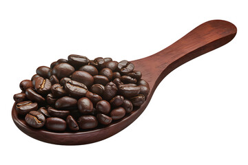 Fototapeta premium A Wooden Spoon Overflowing with Dark Roasted Coffee Beans isolated on transparent background , cutout
