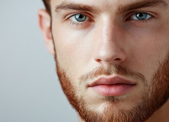 Obraz premium Portrait of a male with radiant, healthy skin and captivating eyes, posing on a grey studio background to promote dermatology and skincare, with an emphasis on facial cosmetics for self-care and