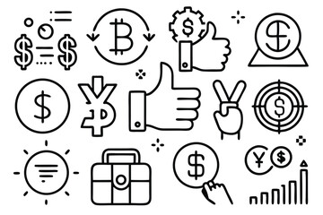Hand flips coin icons set. Collection of hand gestures interacting with coins and currency symbols, representing financial transactions, investments, and online payments.