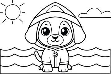 Cartoon Puppy in Raincoat Black and White Line Art, Sun and Cloud, Outline