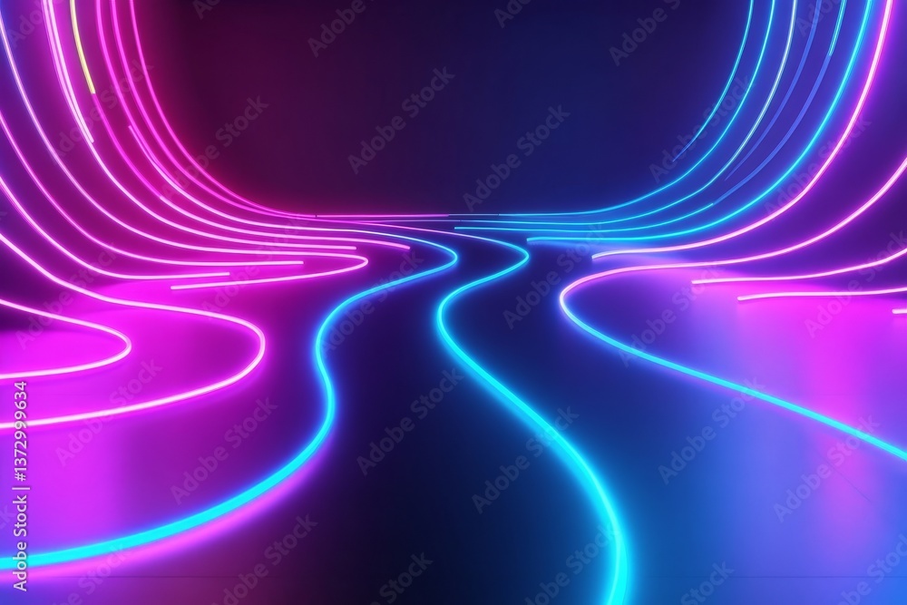 Aufkleber a 3d rendered abstract background is set aglow by pink and blue neon lights, with wavy lines on the 