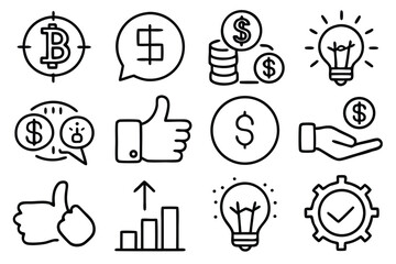 Hand flips coin icons set. Collection of hand gestures interacting with coins and currency symbols, representing financial transactions, investments, and online payments.