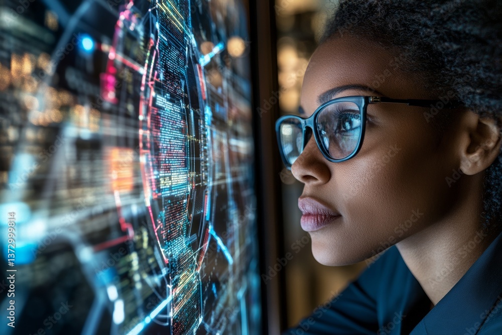 Poster a black woman in an office setting is combined with the concept of a futuristic graphical user inter
