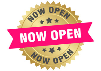 now open. now open round pink and gold label isolated on transparent background